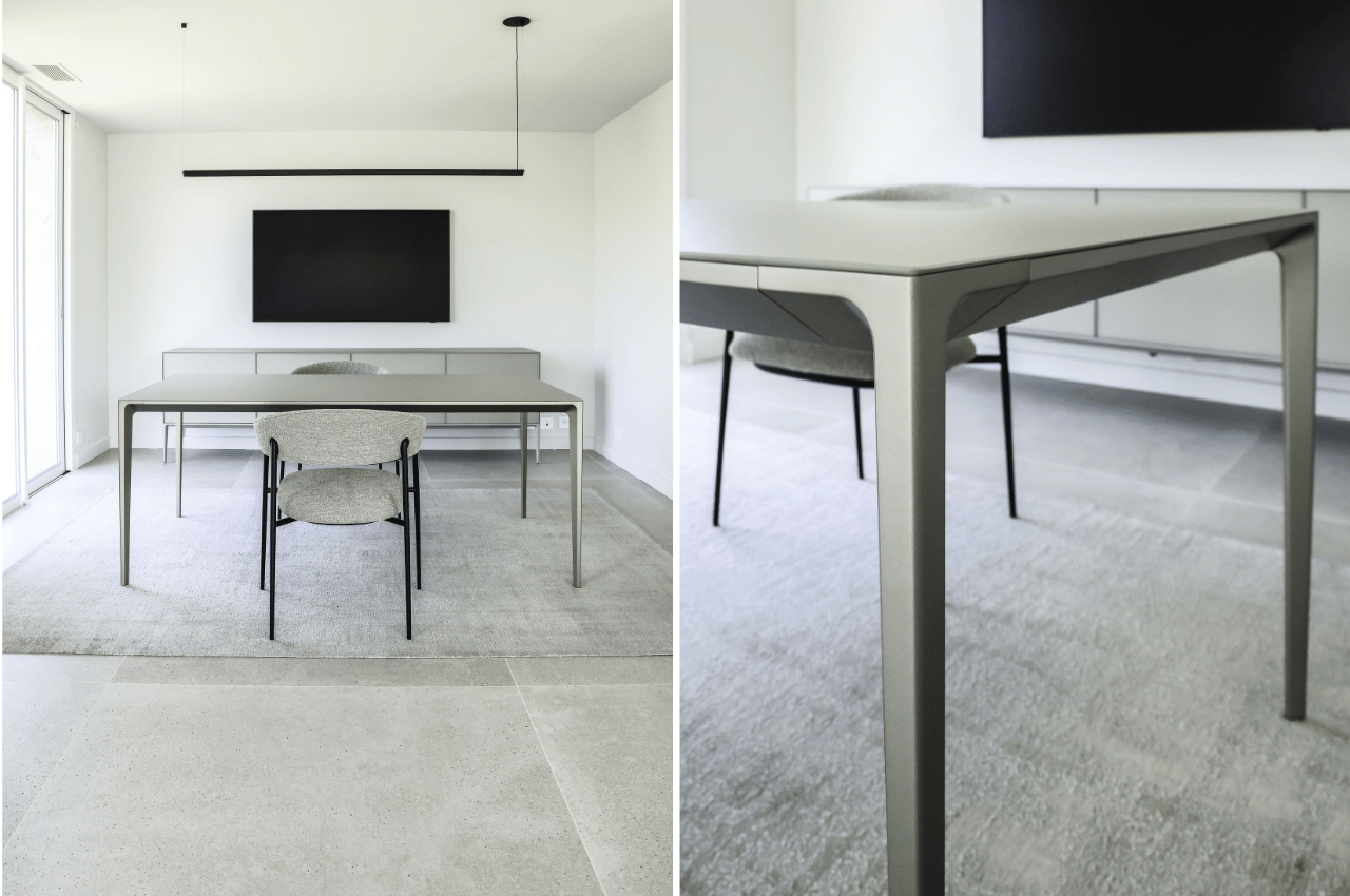 L’espace repas de la Maison Carry associe une table Long Island de Rimadesio à une sélection de chaises et d’éléments décoratifs choisis pour leur complémentarité. Cette réalisation de Bel Œil Marseille, située sur la Côte Bleue, privilégie une esthétique contemporaine aux lignes sobres et aux matériaux raffinés. La table Rimadesio apporte une présence graphique discrète, tout en conservant la convivialité nécessaire à une salle à manger familiale. Elle s’inscrit dans une sélection plus large de mobilier de la marque italienne présente dans différentes pièces de la maison. Les clients souhaitaient en effet retrouver une certaine continuité entre les différents espaces, tout en évitant une décoration trop standardisée. Le travail de Bel Œil a consisté à accompagner cette envie et à trouver le juste équilibre entre les pièces Rimadesio, les autres éléments du projet et la personnalité des occupants. Cette approche permet au mobilier design de prendre naturellement sa place dans l’intérieur. La Maison Carry illustre ainsi une réalisation résidentielle où le design italien n’est pas traité comme une démonstration, mais comme un véritable outil pour construire une ambiance, organiser les espaces et accompagner les usages de la maison au quotidien.